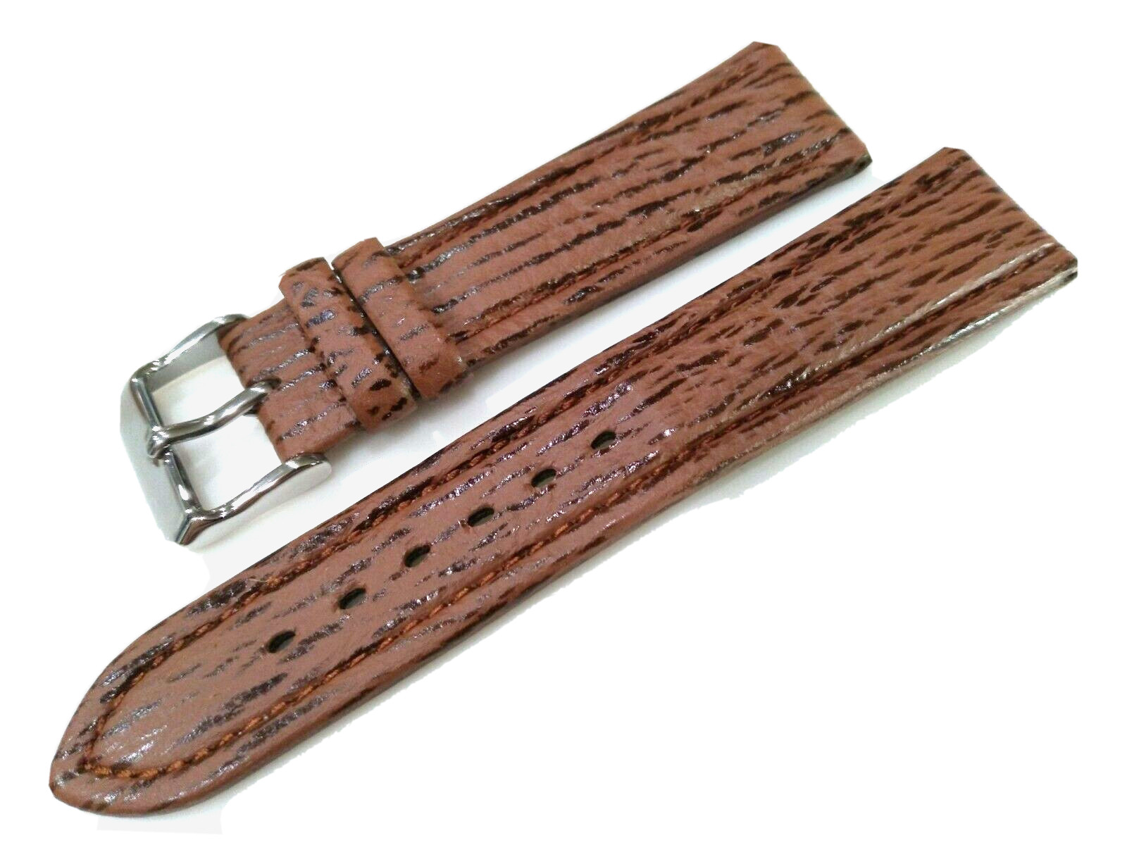 Brown Genuine Shark Sharkskin 20mm Regular Padded Watch Band Silver Tone Buckle