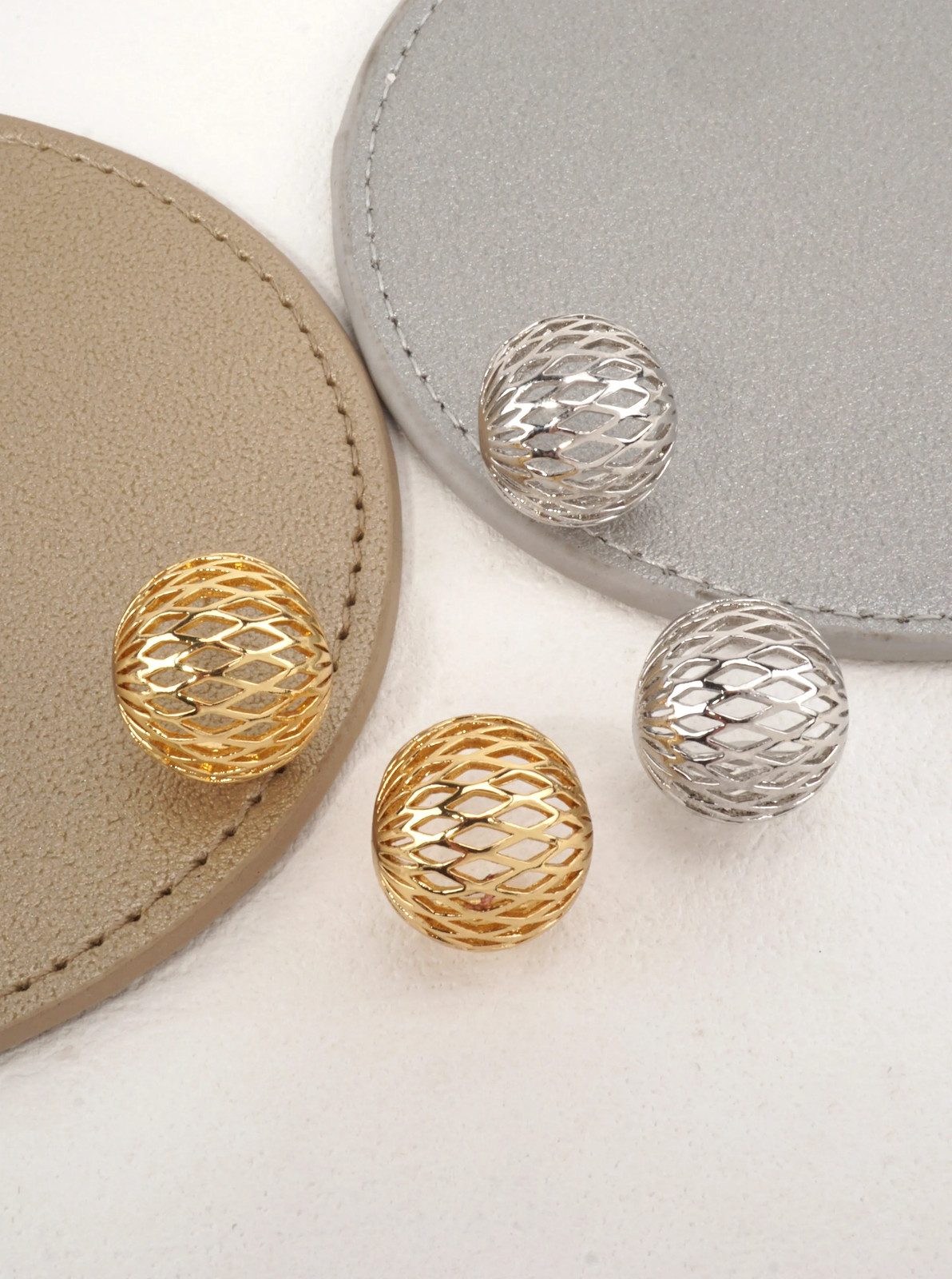 Openwork Dome Stud Earrings 0.7in, Polished Brass, Gold or Silver Tone