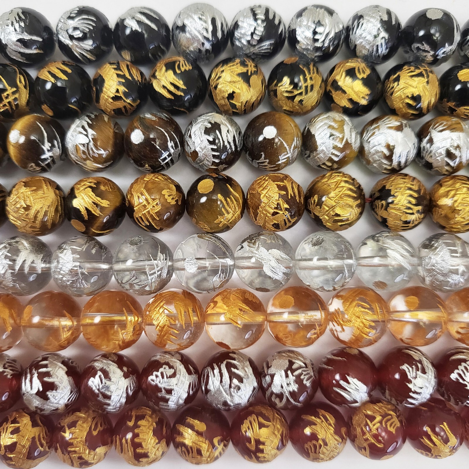 Gold Dragon Ball Gemstone Curved Dragon Round Beads Onyx, Crystal 10mm 12mm 14mm