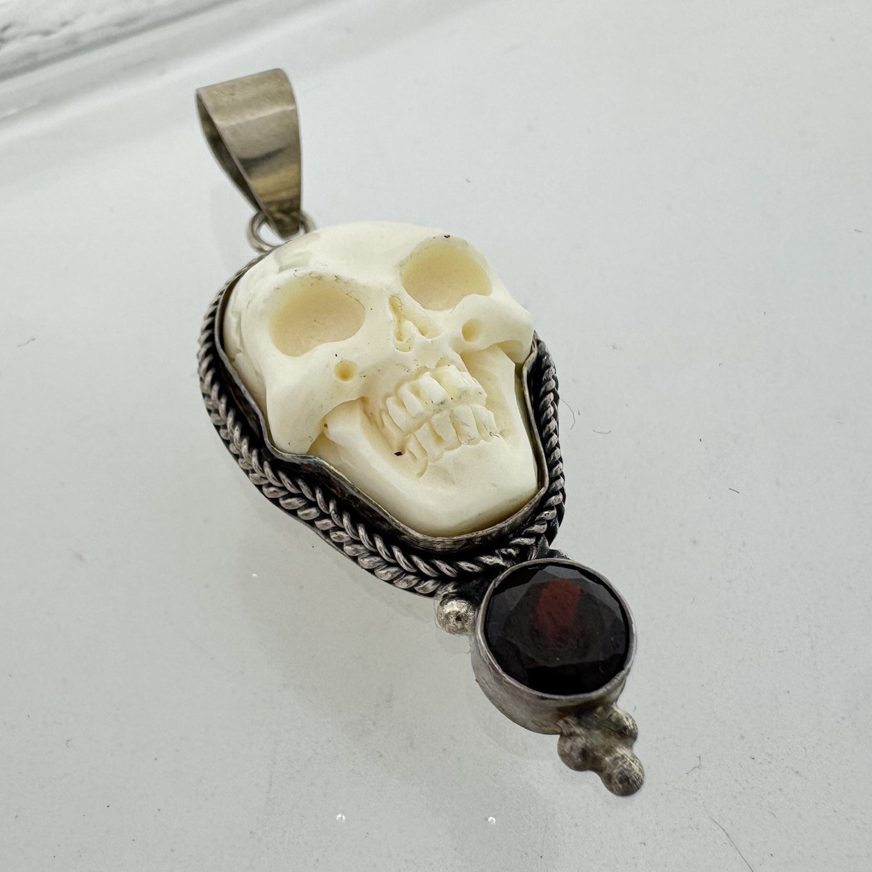 Sterling Silver Skull Carved Bovine None W/ Garnet Pendant 1.75”