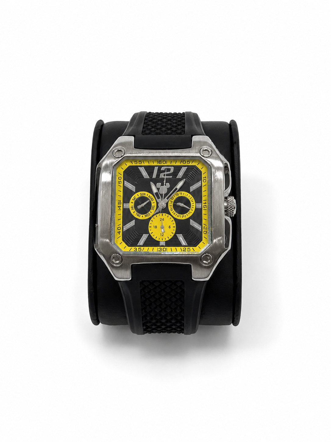 Disney Parks Men’s Quartz Watch Square Black Yellow Day Date 24Hr Rubber Strap