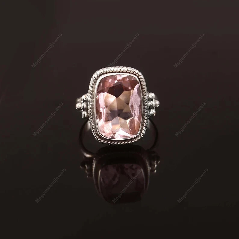 Rose Quartz Ring 925 Sterling Silver Band& Statement Handmade All Size