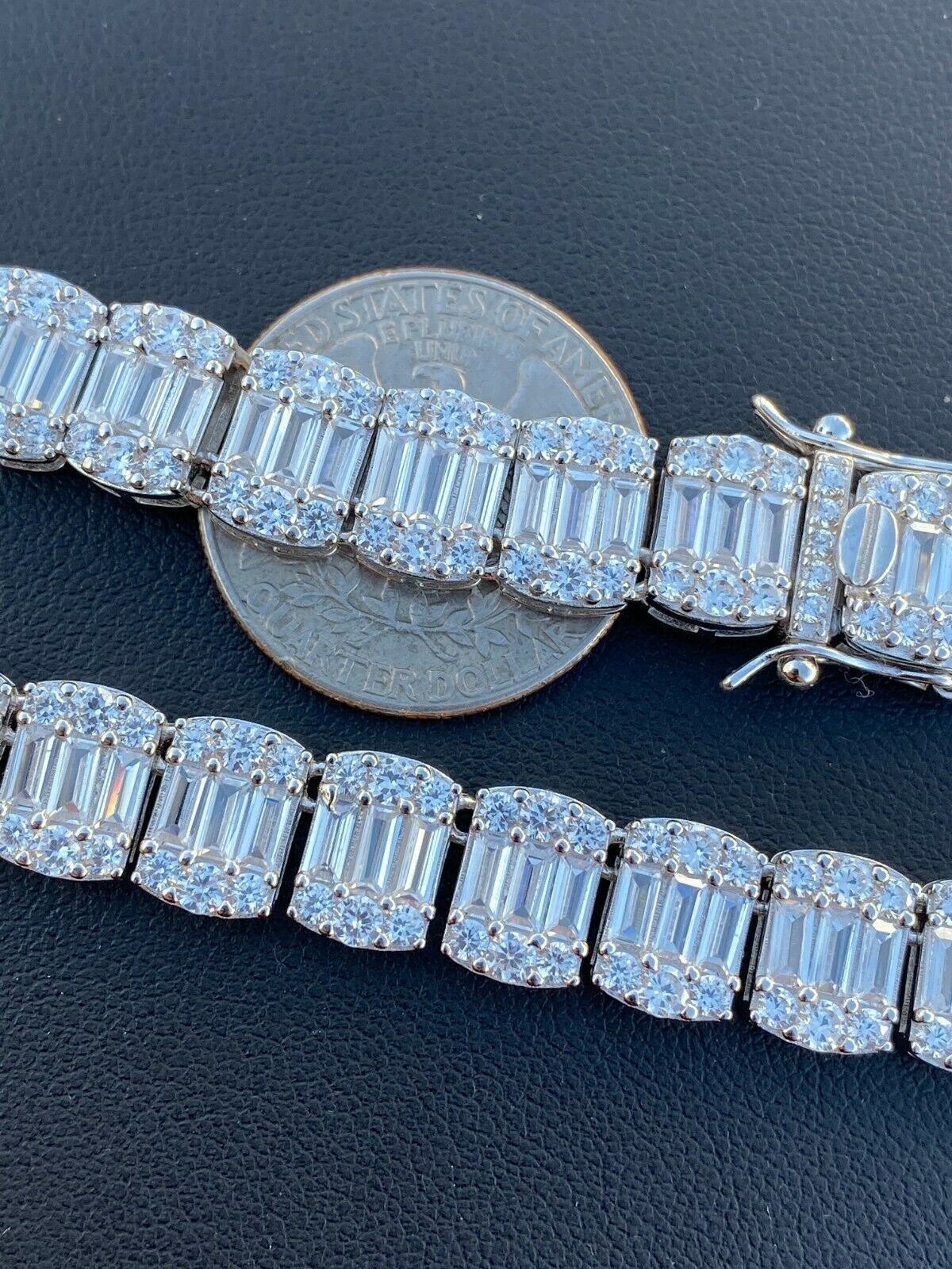 Solid 925 Sterling Silver Baguette Tennis Chain Bracelet Real Iced CZ