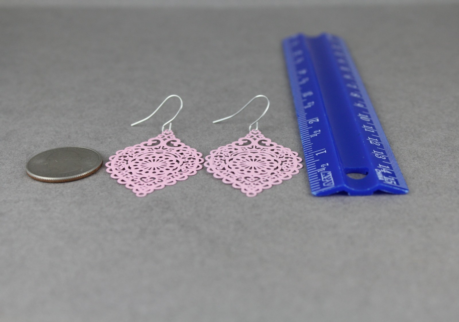 light Pink earrings teardrop dangle VERY lightweight filigree 2 3/8″ long floral