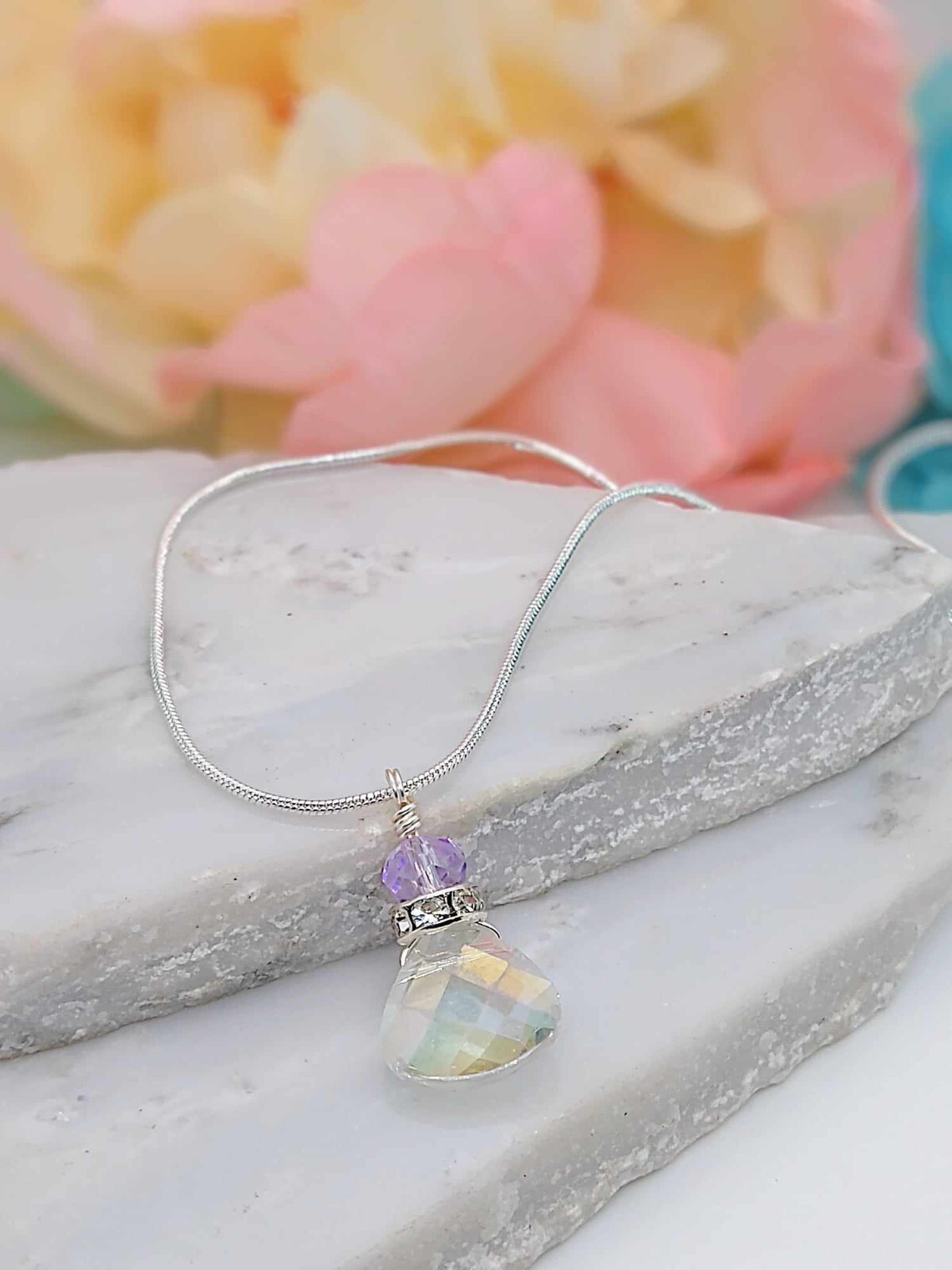 Crystal Teardrop Pendant Silver Snake Chain Necklace 18 Inch, Ladies Fashion