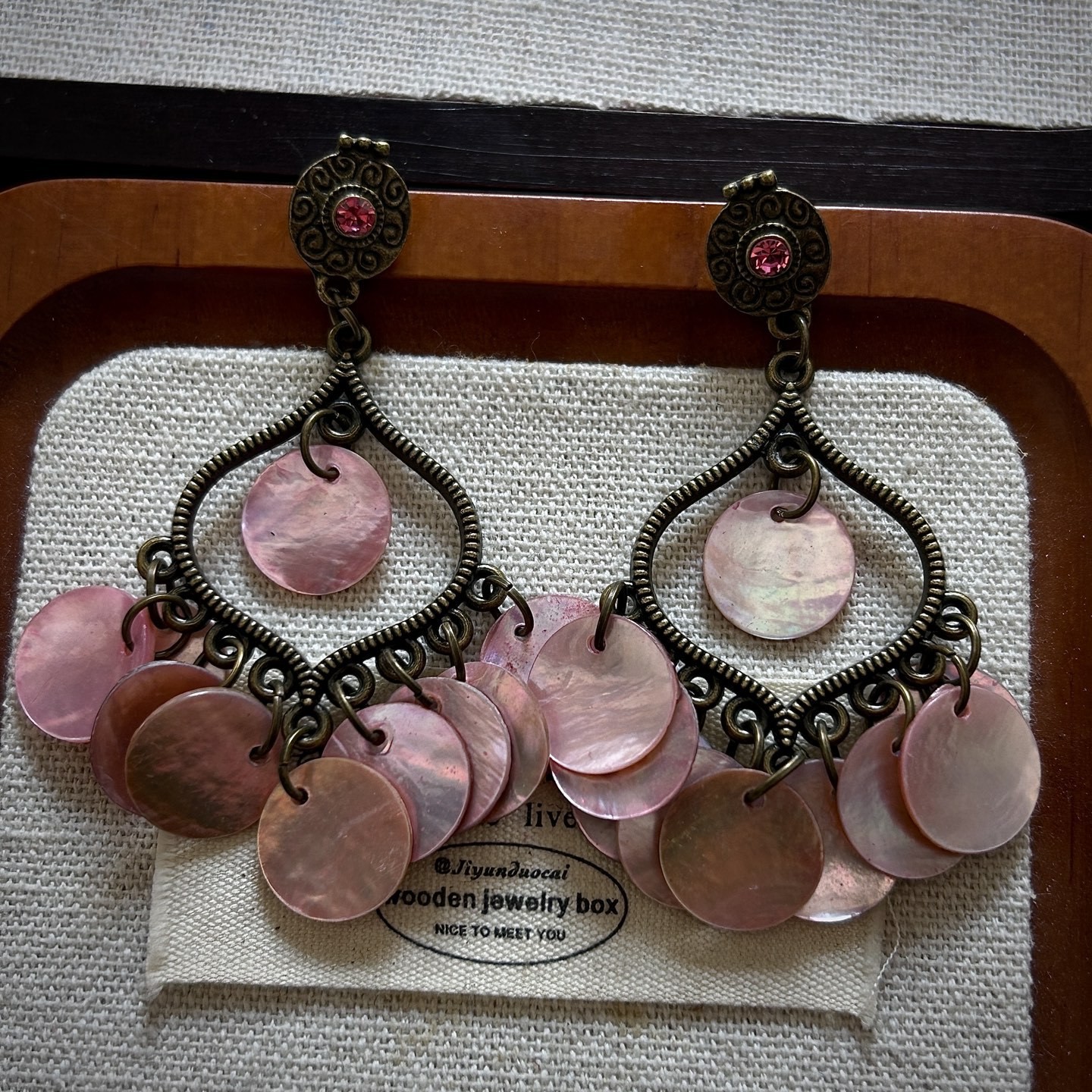 Pink Shell Drop Earrings Antique Bronze Rhinestone Tiered Disc Dangle Jewelry