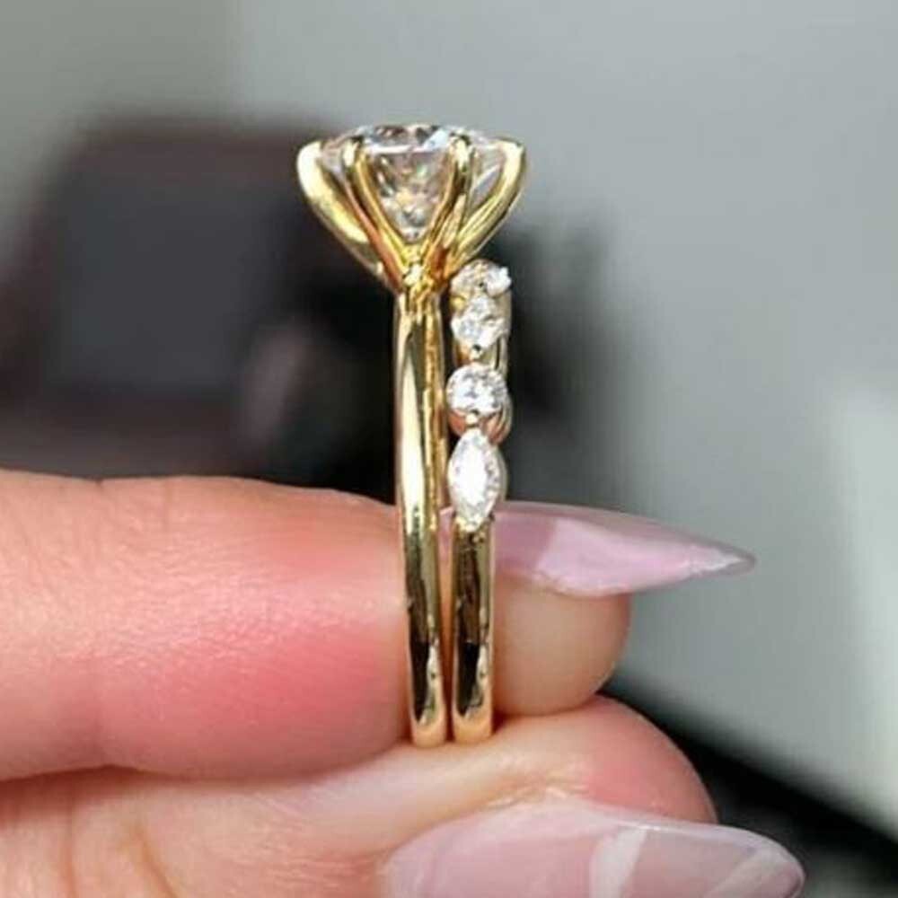 14K Yellow Gold Finish 3.48 Ctw Round Cut Created Diamond Engagement Ring Set