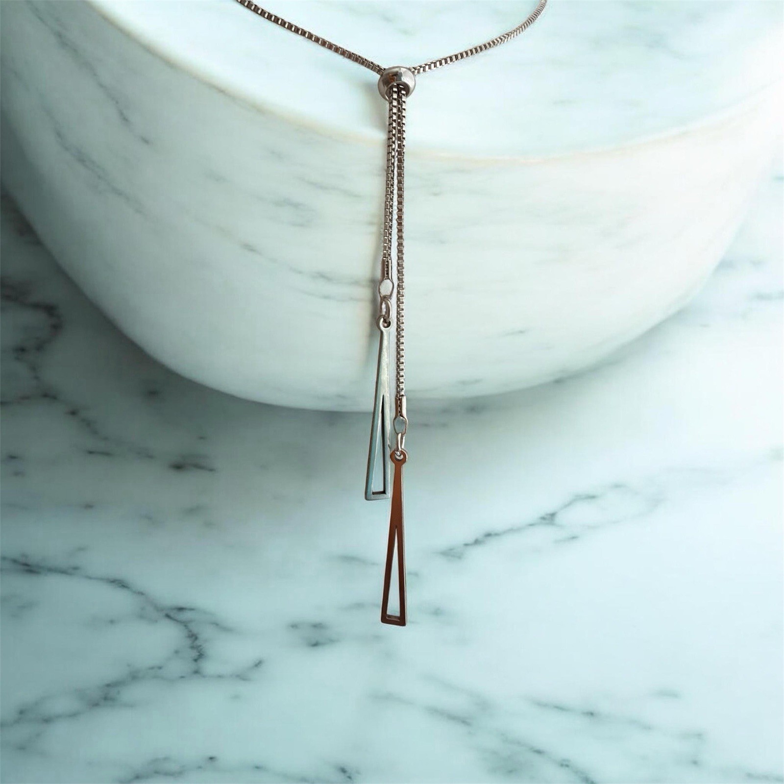 Silver Lariat Y Necklace Geometric Bar Pendant Adjustable Box Chain 30″ New