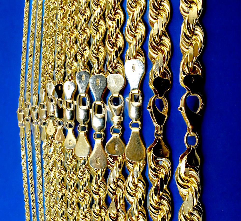14K Yellow Gold SOLID Rope Chain Necklace Bracelet Diamond Cut 1mm-12mm 7″-30″