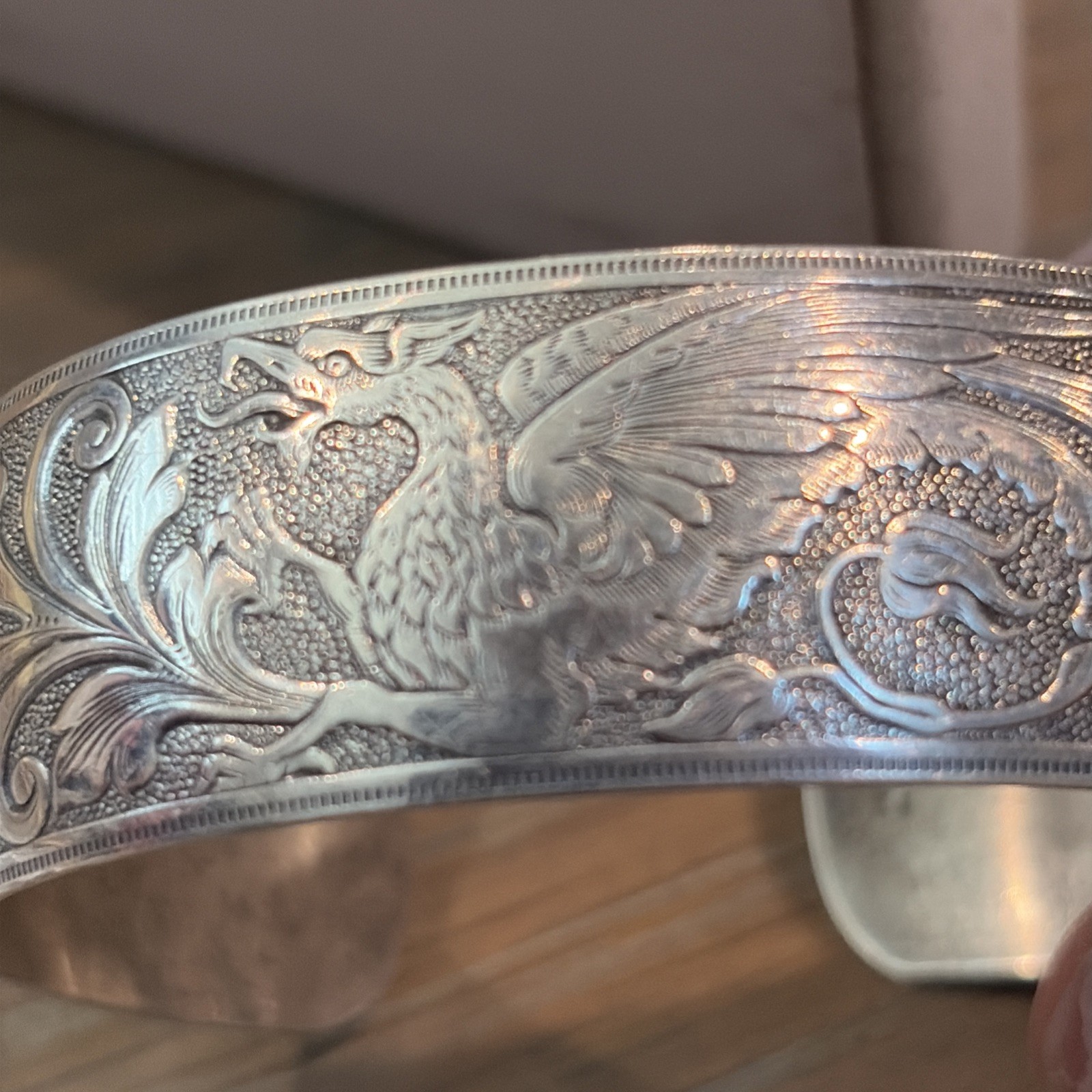 Dragon Etched Sterling Silver 1” Wide Cuff Bracelet Sz 5-1/2 -Engraved – 16g
