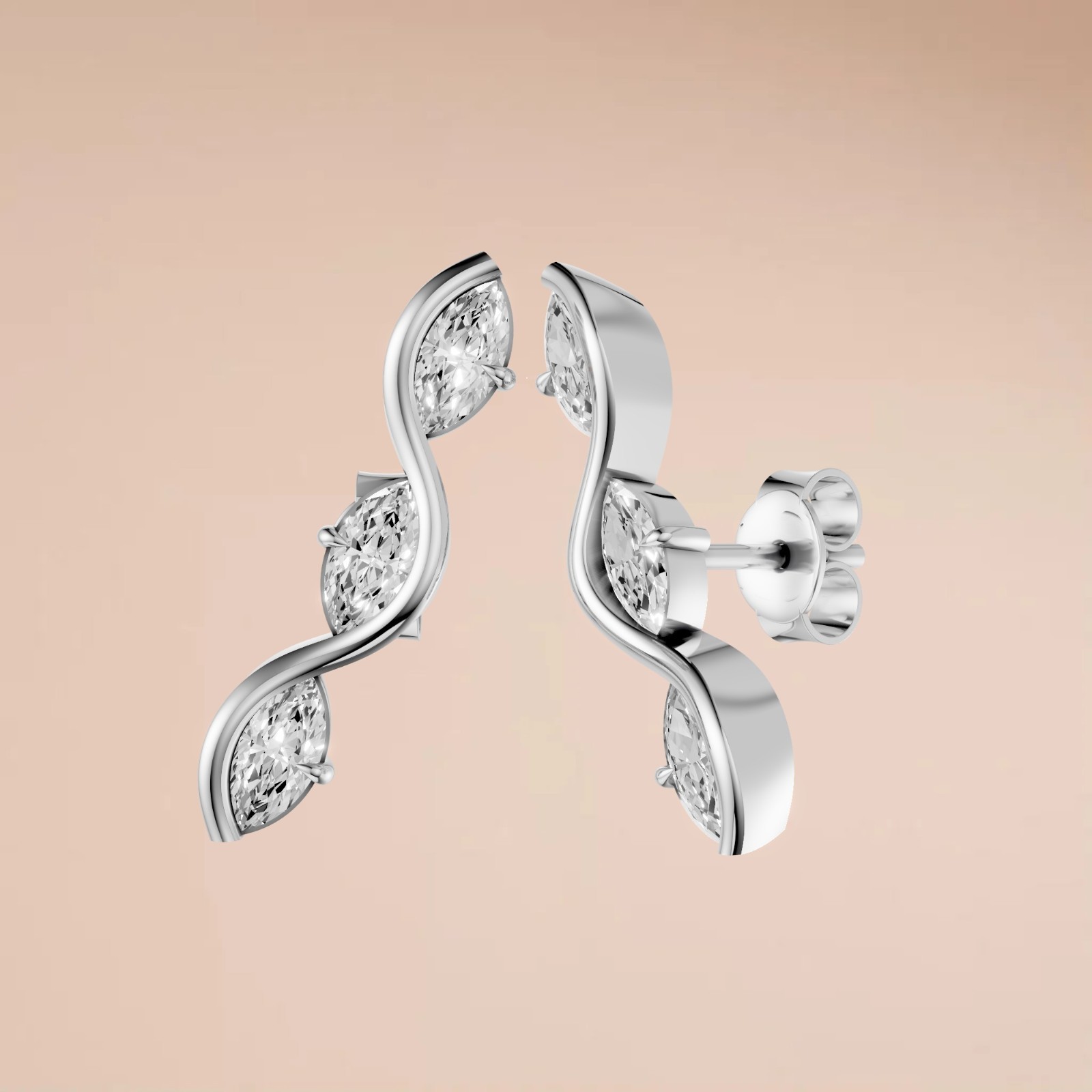 Ear Crawler Climber Stud Earrings Marquise Lab Grown Diamond Prong Setting
