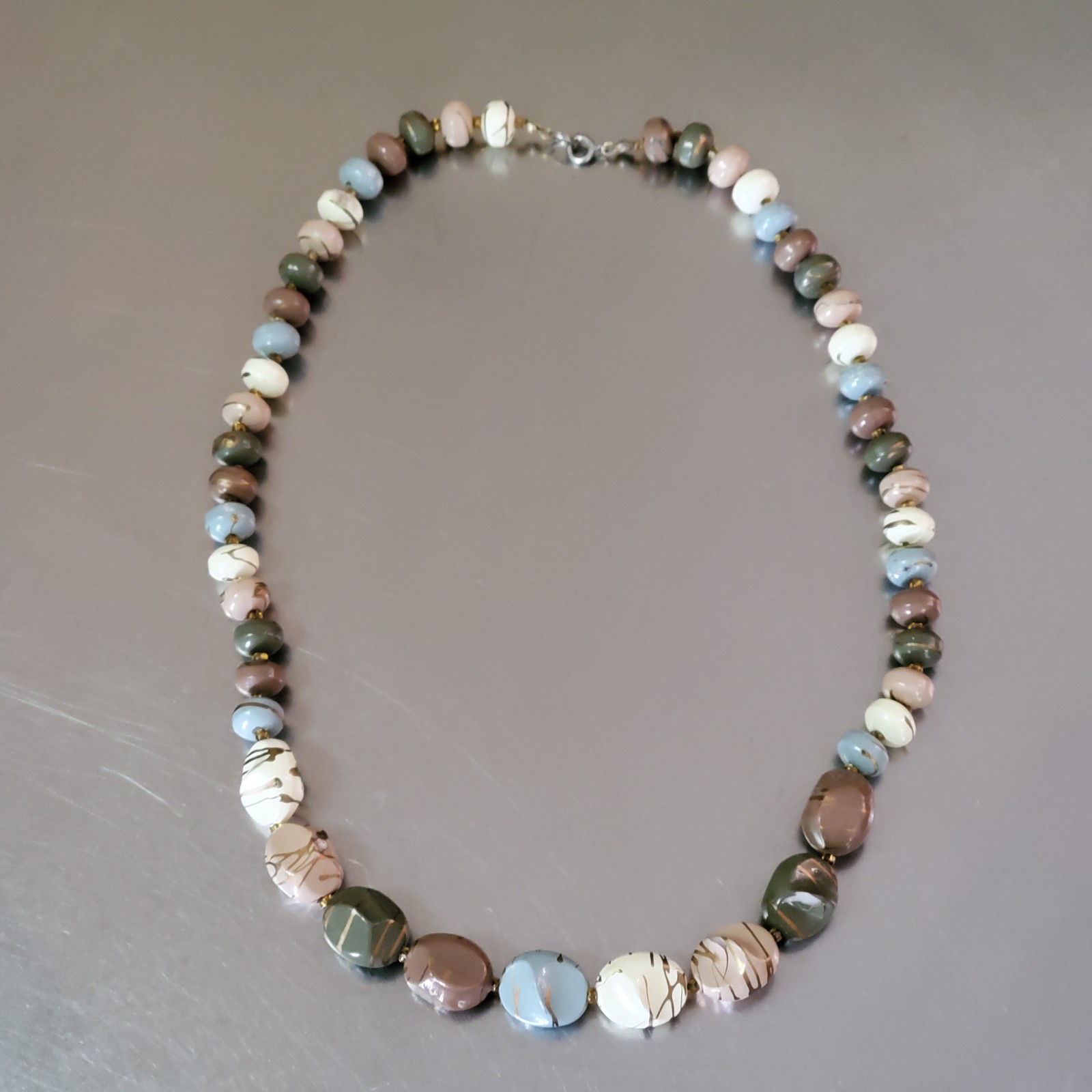 Vintage Multicolor Necklace Brown Blue Gold Beige White Green Beaded 22.5 inch