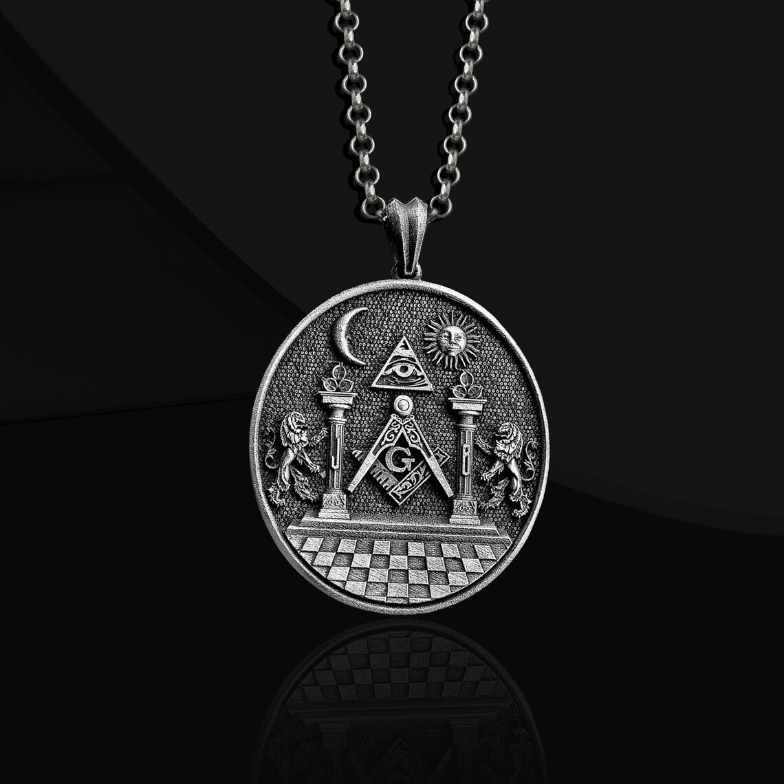 Masonic Oxidized Necklace 925 Sterling Silver Pendant Necklace Duty Free