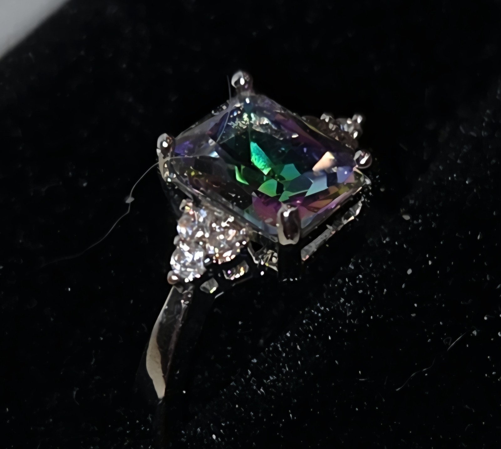 Sterling 925 Emerald Cut Multi Mystic Topaz Size 7 Ring w/6 Clear Accent Stones