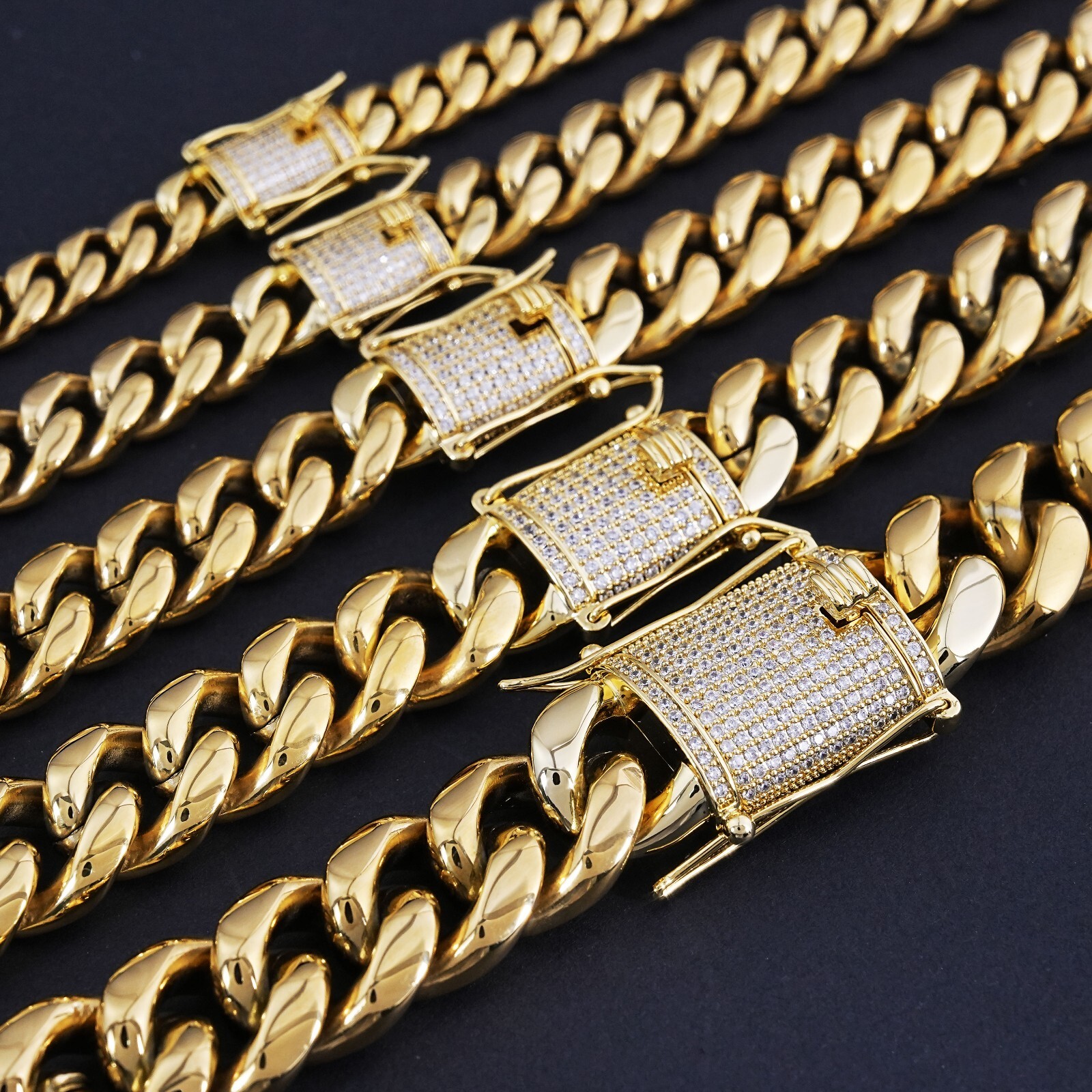 14k Gold Plated CZ Clasp Stainless Steel Miami Cuban Link Bracelet Chain 6-14MM