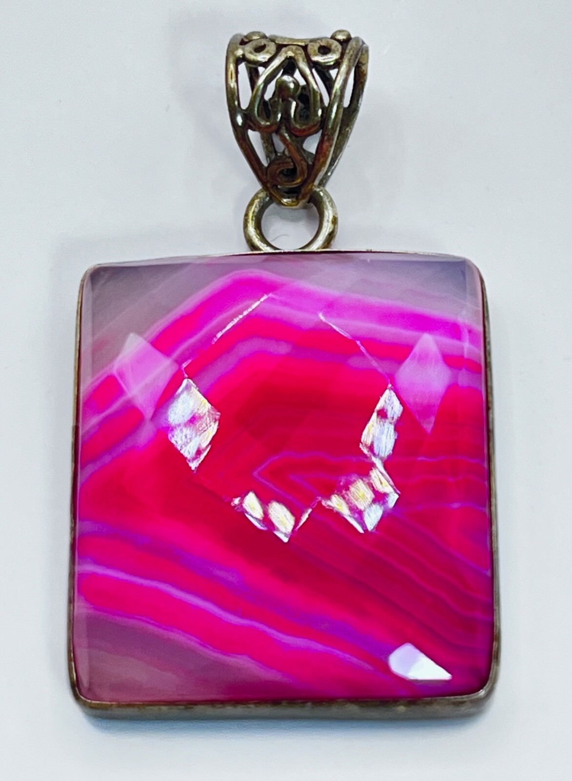 Dyed Pink Checkerboard Cut Botswana Agate and .925 Silver Pendant
