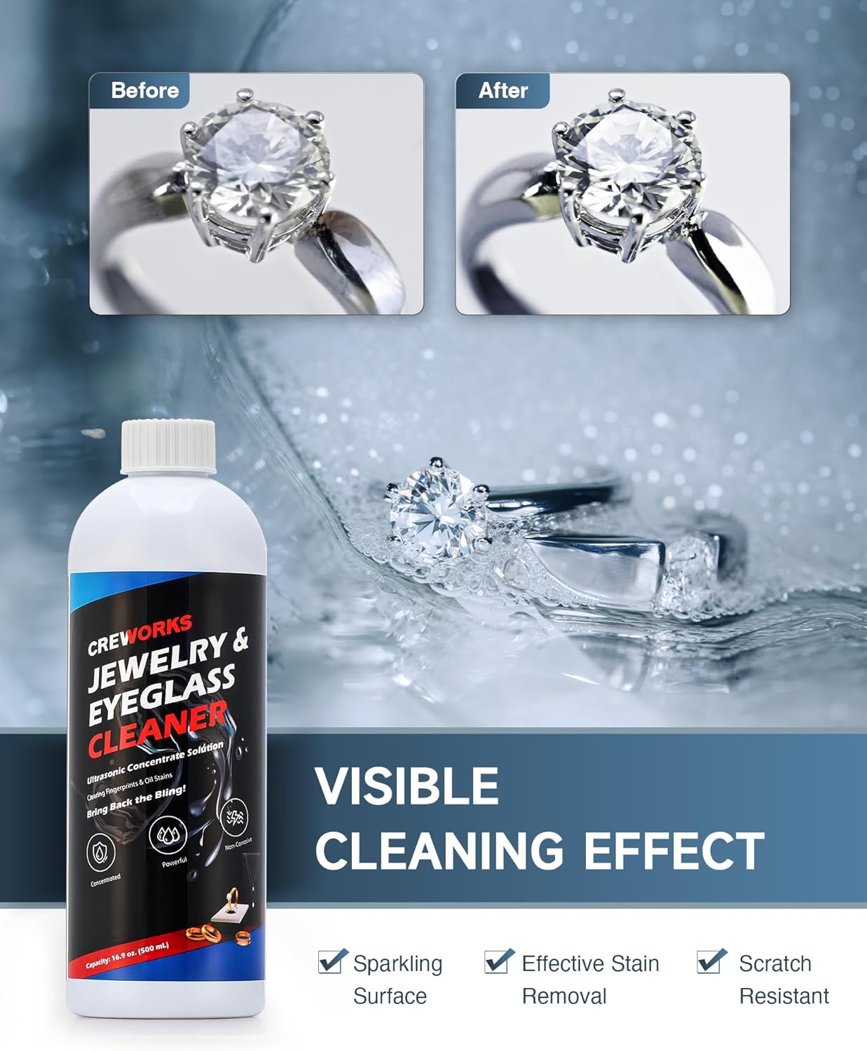 17 Fl Oz Jewelry Cleaner Solution, 1:40 Extra Concentrated Jewelry Cleaning Agen