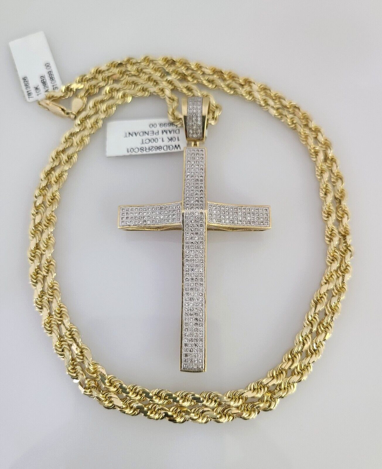 10k Solid Rope Chain Jesus Cross Charm Diamond Set 4mm 20″-28″ Necklace Gold