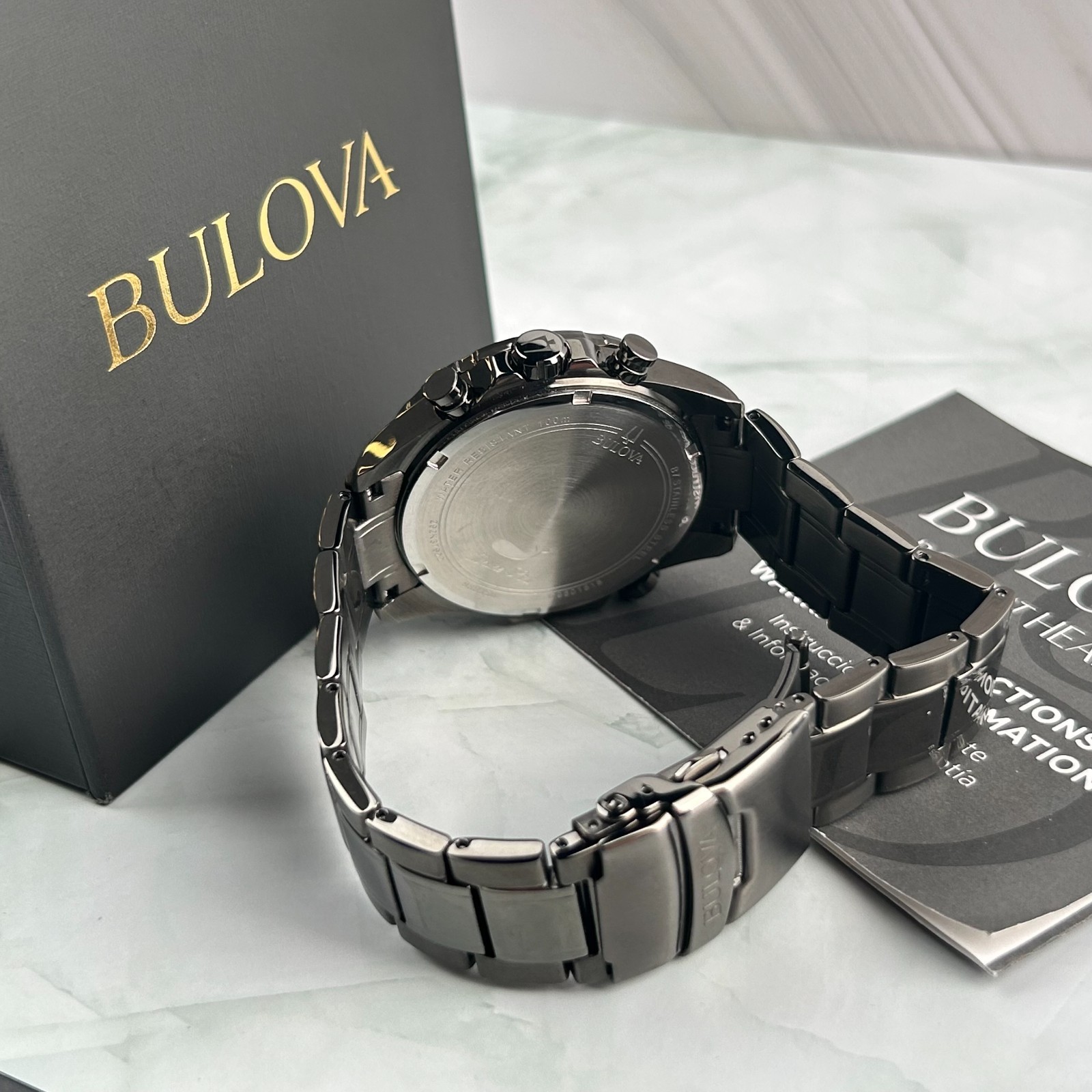 Bulova Marine Star 98B350 Red Dial Gray Band Chronograph Men’s Quartz Watch 43MM