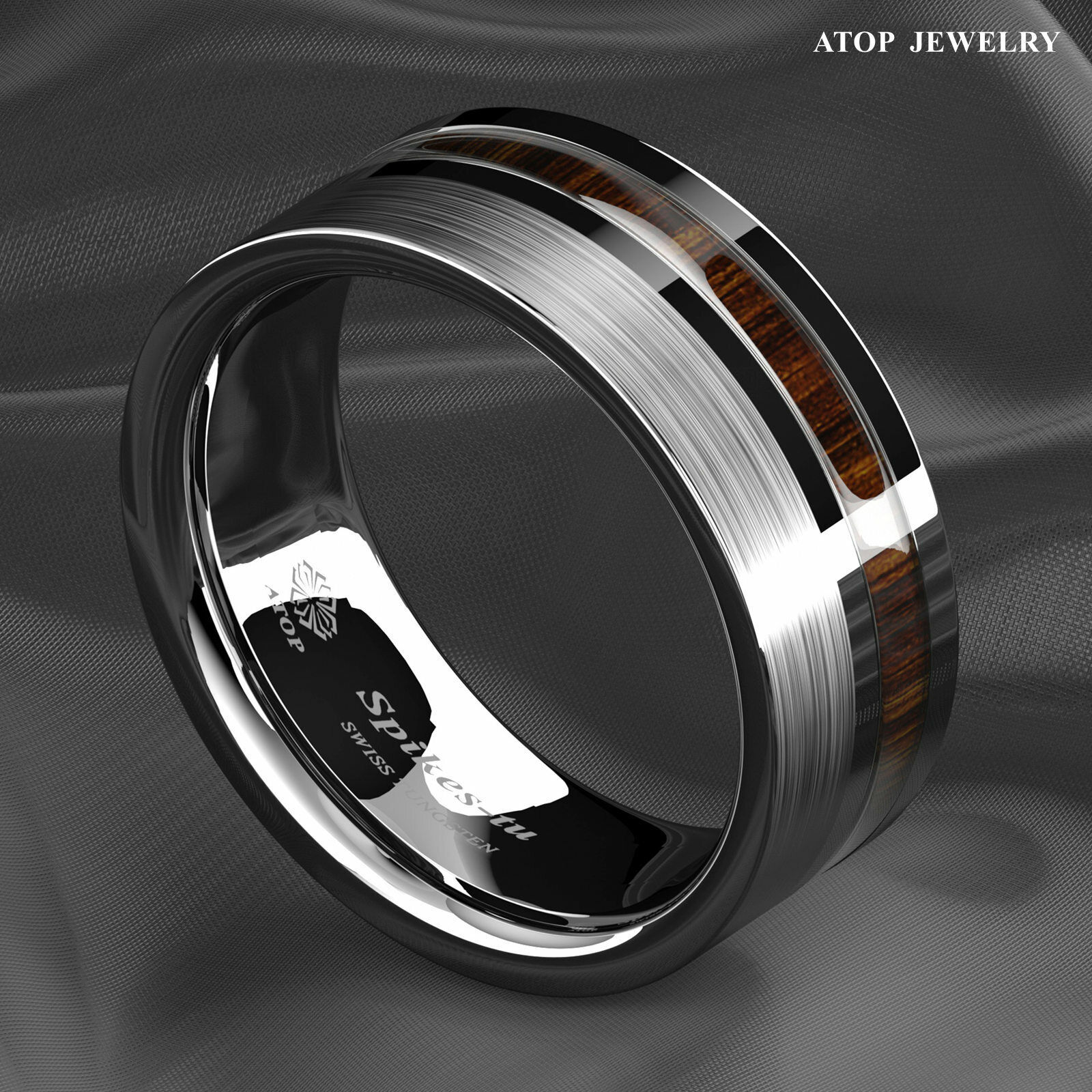 8mm Black/Silver Tungsten Carbide Ring Off Center Koa Wood ATOP Wedding Band