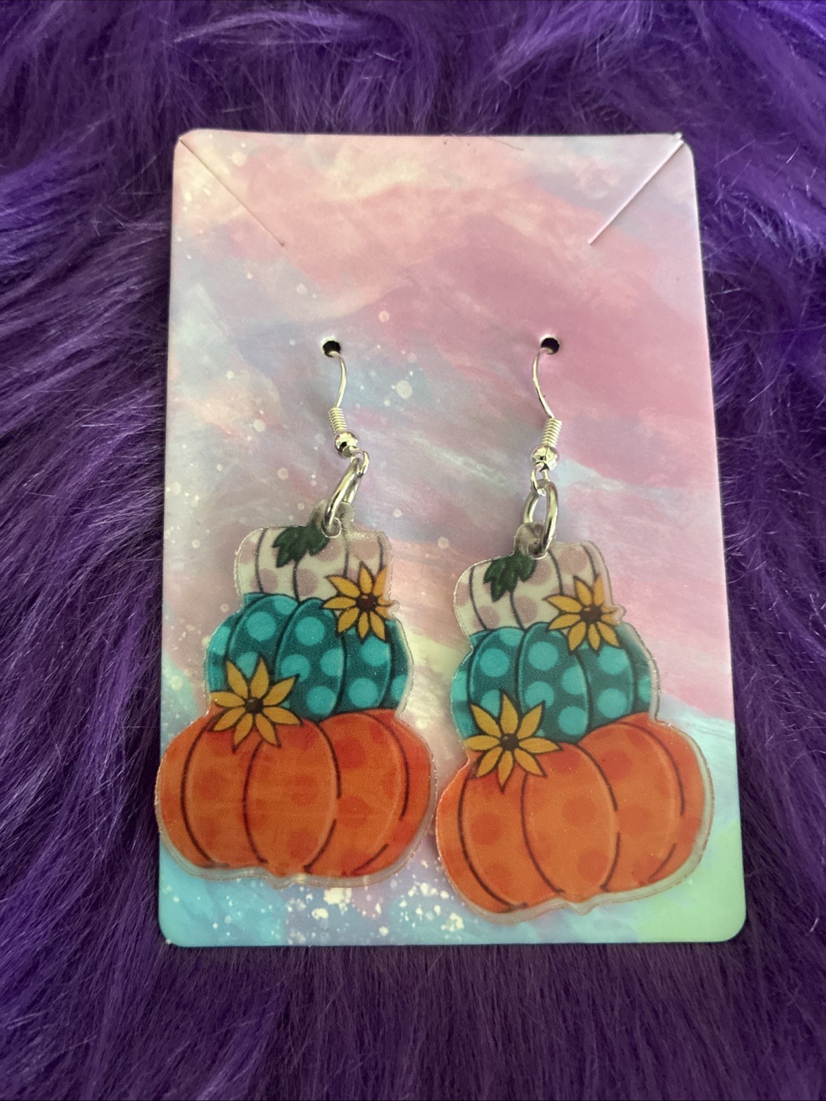 Autumn Acrylic Pumpkin Shaped Drop Style Earrings. Perfect For Halloween, Fall