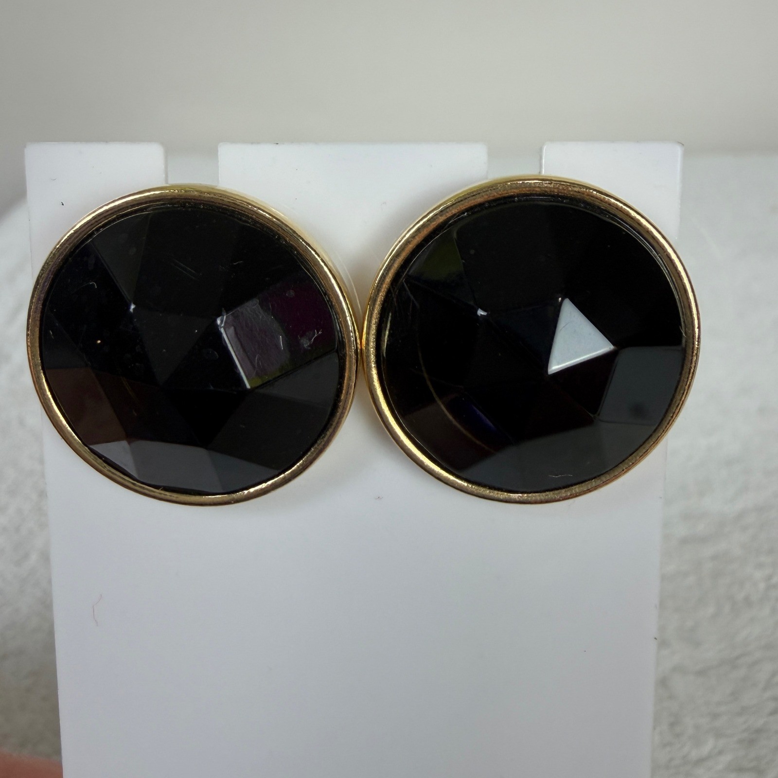 Large Round Black Faceted Stud Earrings Gold Tone Bezel Statement Jewelry 1 Inch