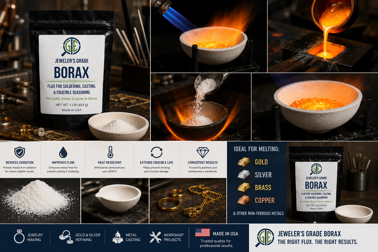 Borax Flux Kit 1 lb w/ 3″ Ceramic Crucible Jewelry Gold Silver Copper Melting