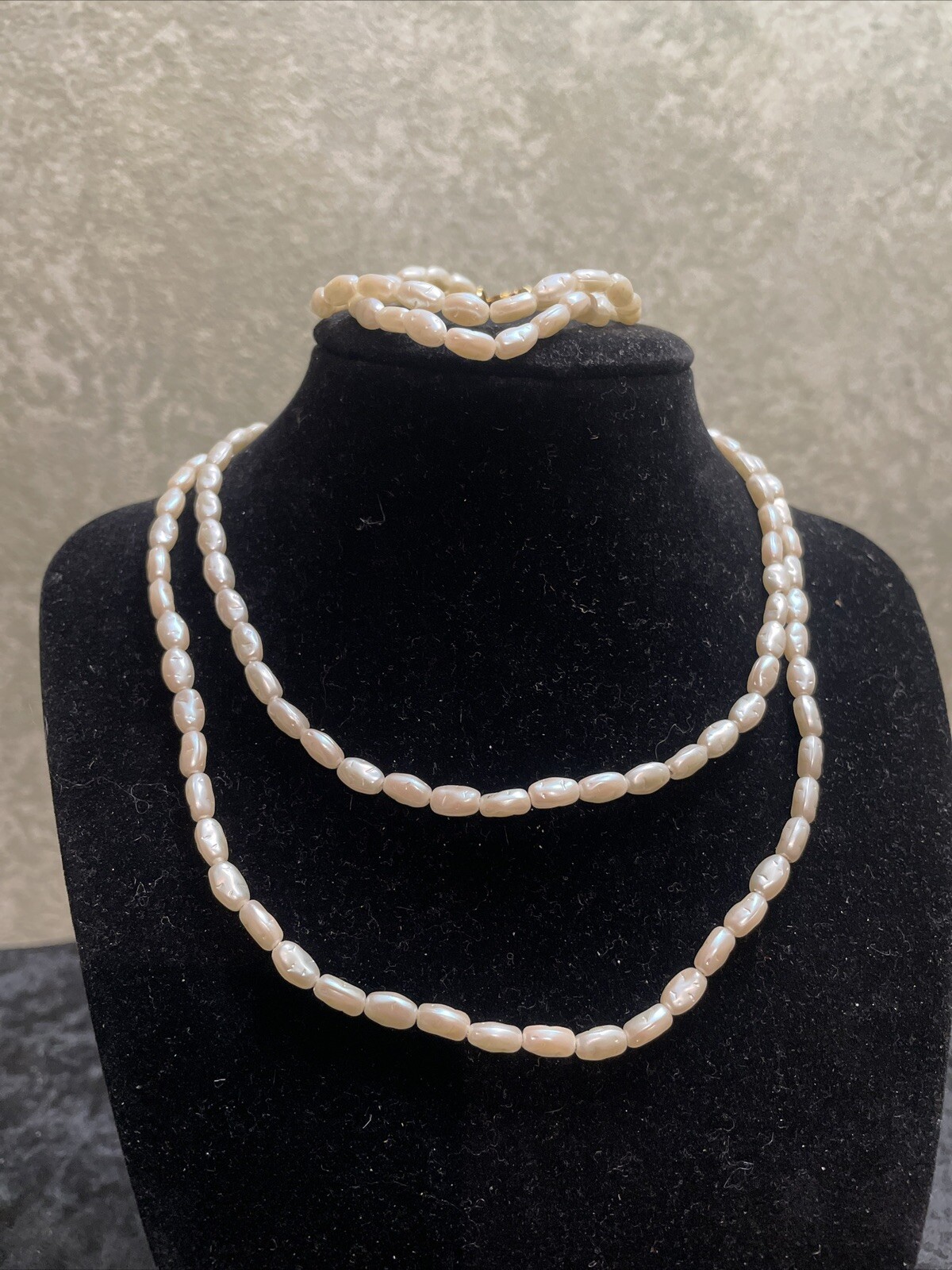 Vintage Faux Rice Pearl Necklace 30 Inch & Bracelet 7 Inch Set
