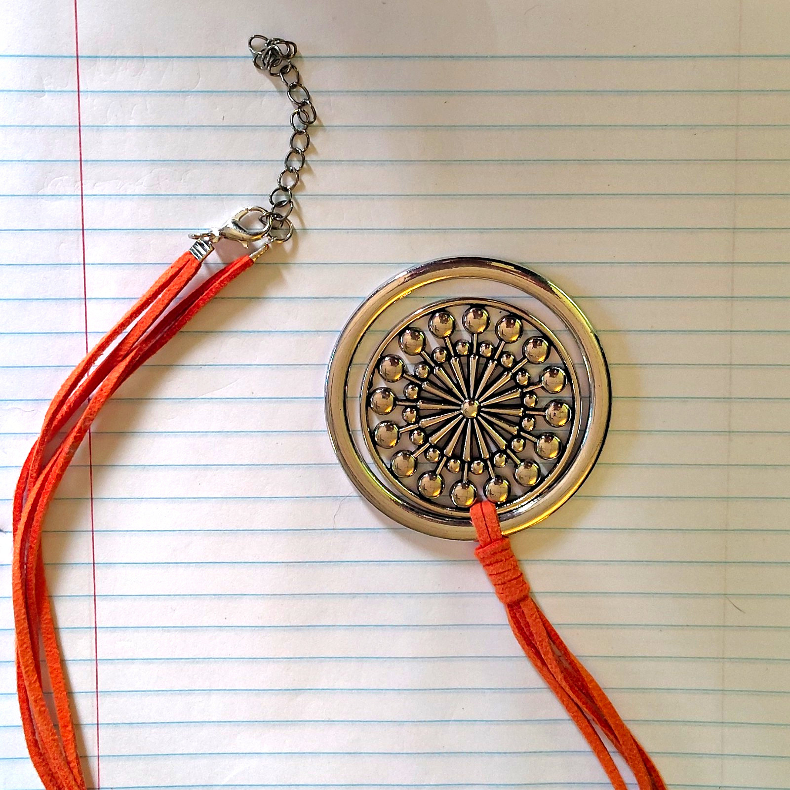 Adjustable Orange Cord Necklace Round Silver-Tone Charm Pendant Lobster Clasp