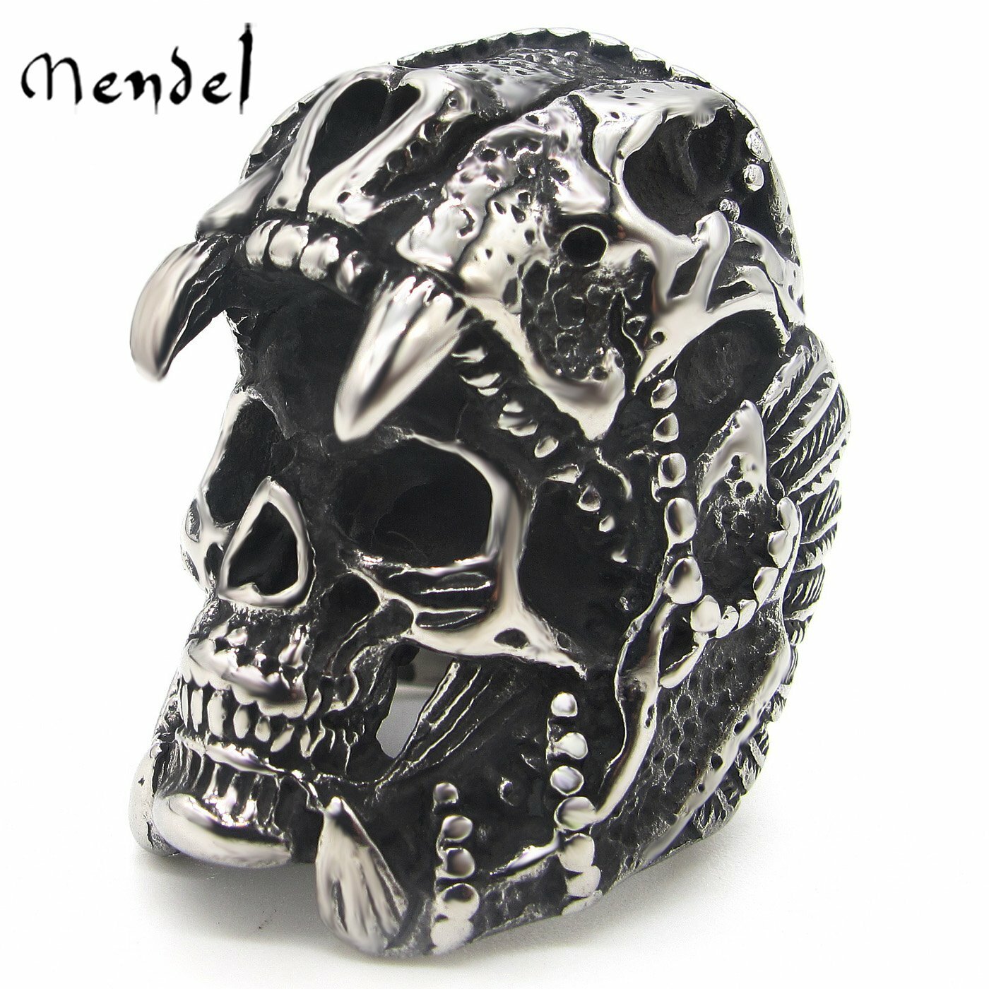 MENDEL Large Mens Heavy Stainless Steel Biker Tiger Skull Ring Men Size 8-16