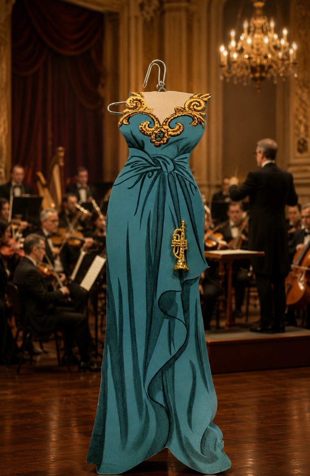 Sophie’s Closet blue Grecian gown greeting card and gold gemmed trumpet brooch