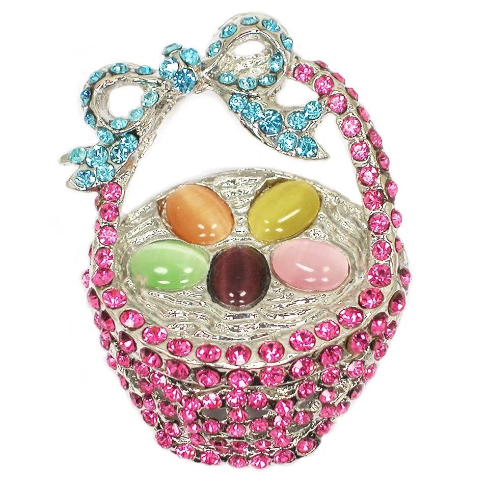 Easter Basket Brooch Crystal Rhinestone Eggs In Basket Holiday Pin