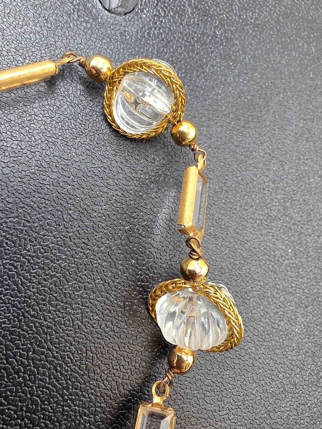 Vintage Gold Tone Clear Lucite Bead Statement Necklace | Retro Art Deco Style