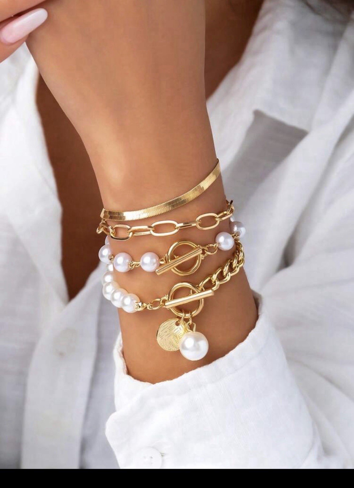 Gold-Tone Multi-Strand Oval Link Chain White Pearl Toggle Dangle Charm Bracelet
