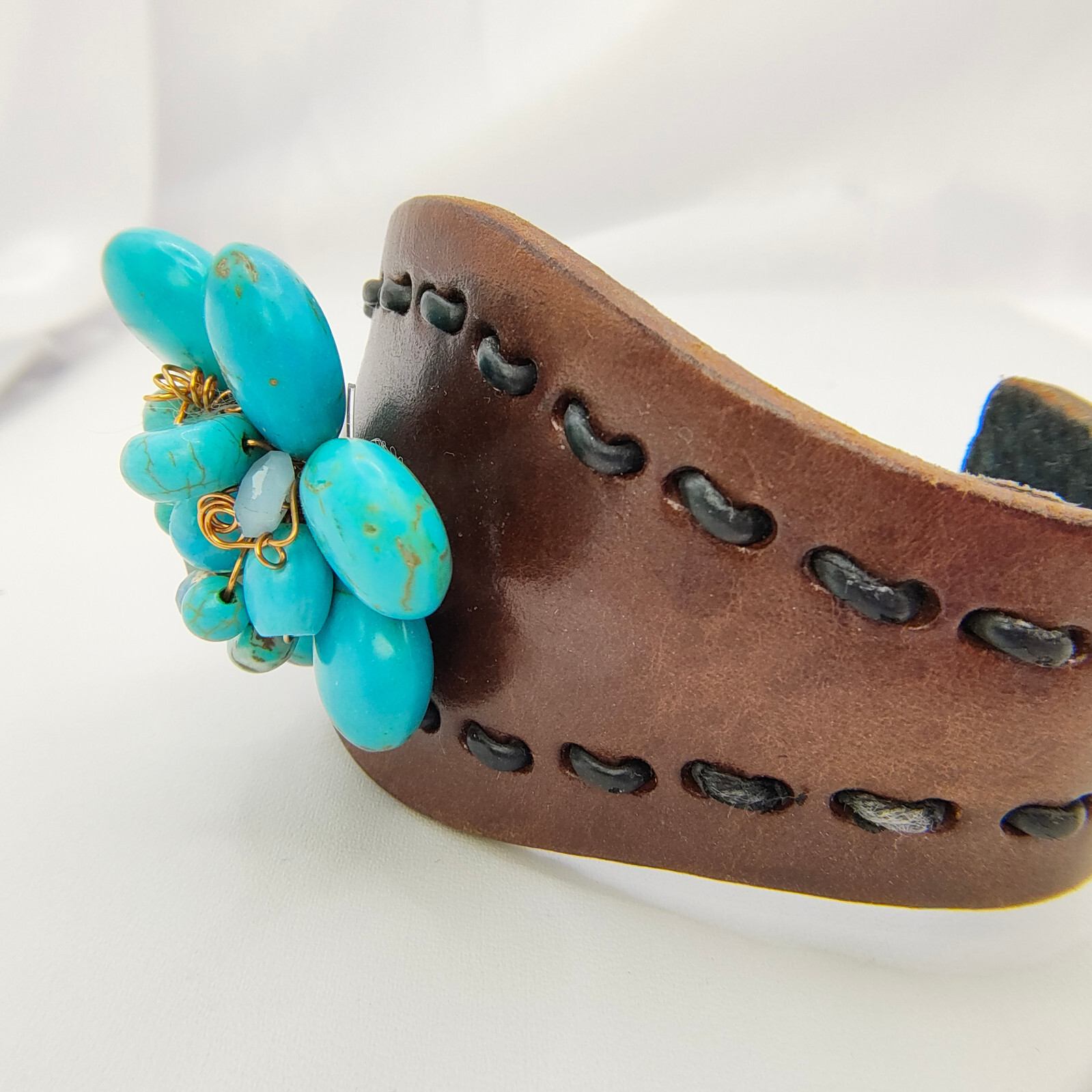 Leather Faux Turquoise Flower Cuff Bracelet Bohemian Ecclectic Statement