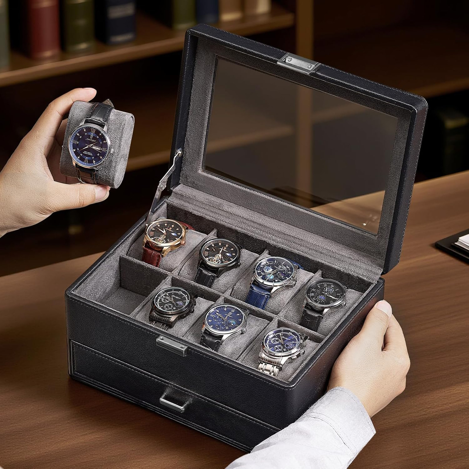 Watch Storage Box with Glass Lid for Men and Jewelry Organizer with 8 Slots