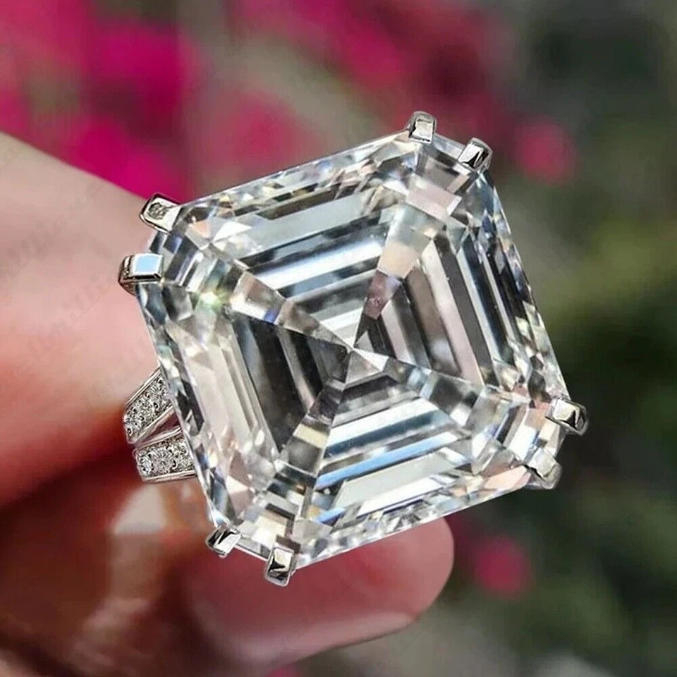 Asscher Cut Moissanite Hidden Halo Engagement Ring 14K White Gold Plated 8.65CTW