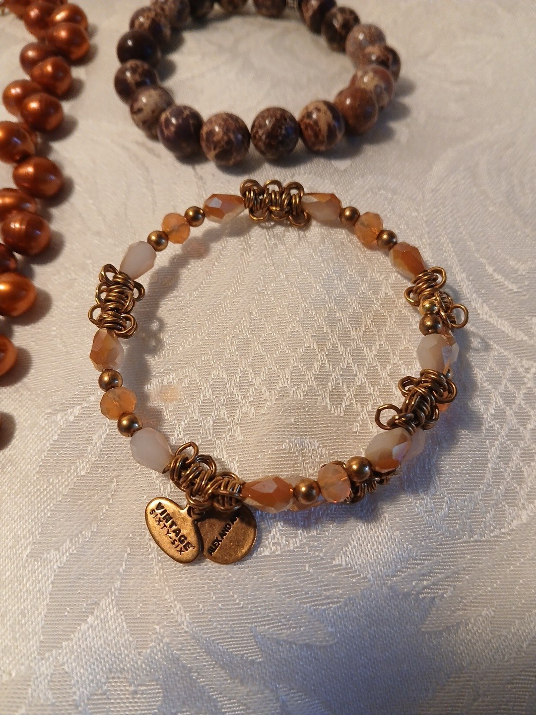 Copper Orange Colored Freshwater Pearl Choker 8″, and 2 Bracelets, each 7″