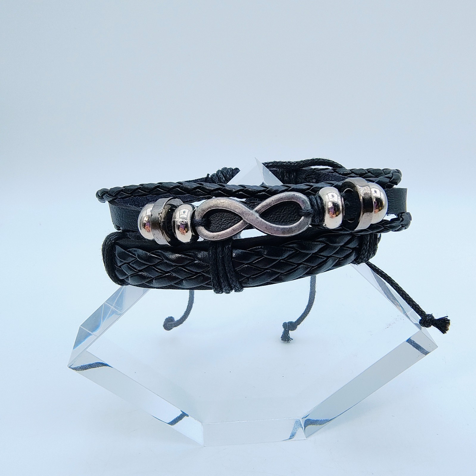 Black Faux Leather Bracelet Set of 2 Silver Tone Infinity Y2K Rock Indie Grunge