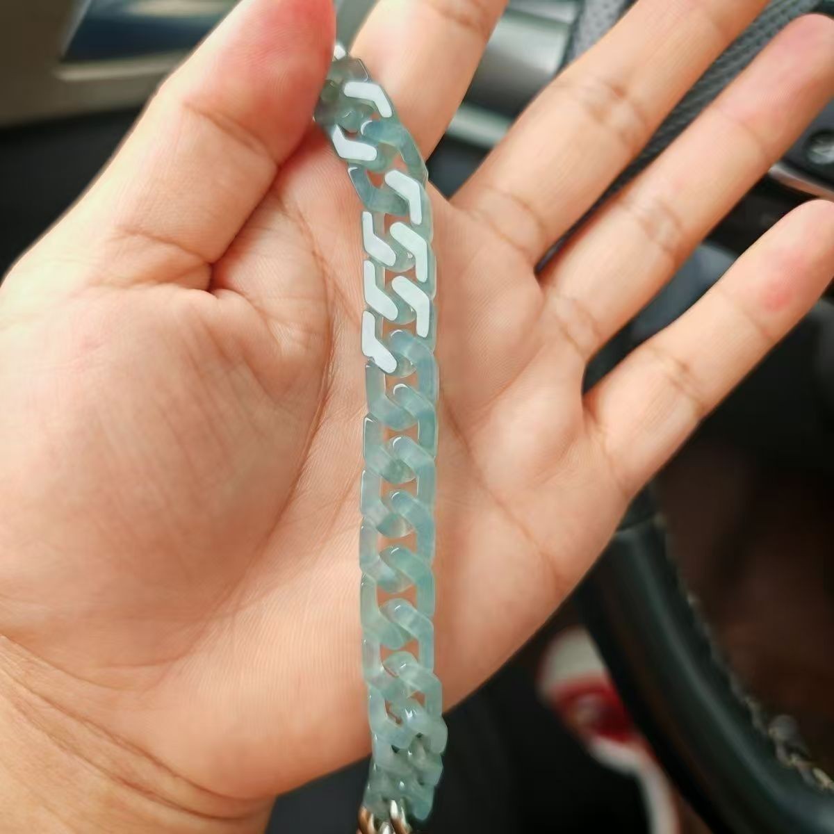 Real Grade A 100% Natural Green Jade Jadeite Cuban Curb Link Bracelet 7-7.9Inch