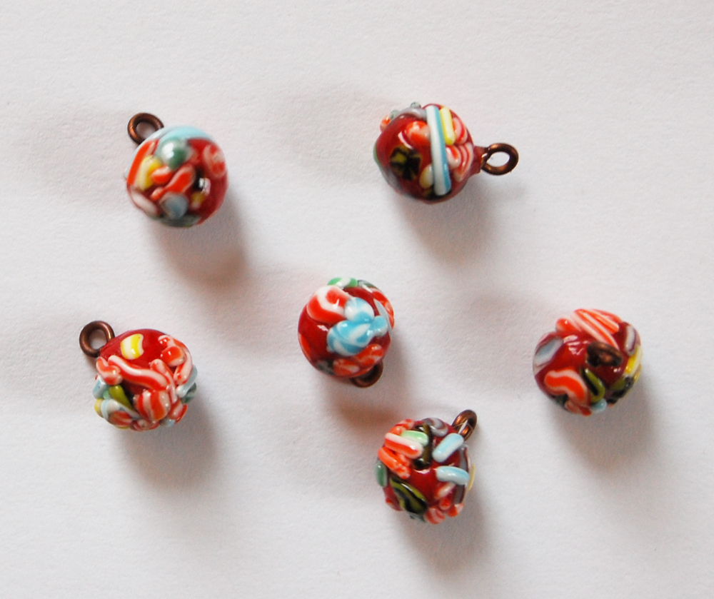 VINTAGE FUSED GLASS COLORFUL MILLEFIORI BEAD BALL PENDANTS 8mm• RED GREEN ORANGE