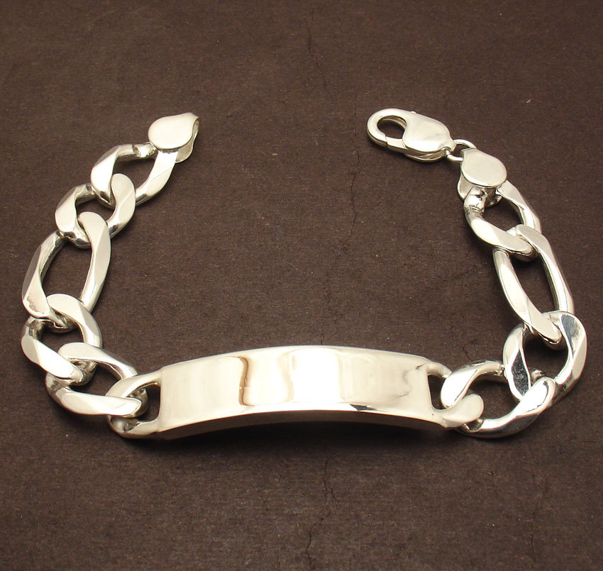 8.5″ WIDE BOLD Figaro Identity ID Bracelet Solid REAL 925 Sterling Silver