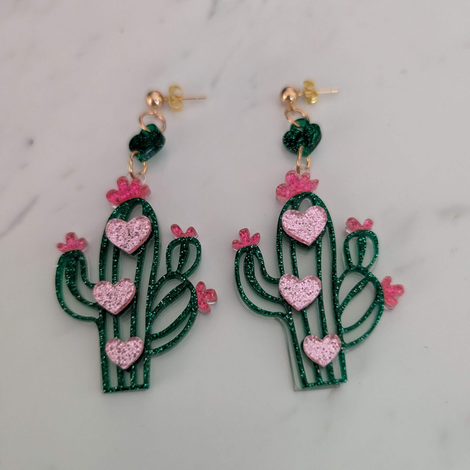 Glitter Heart Cactus Acrylic Dangle Earrings