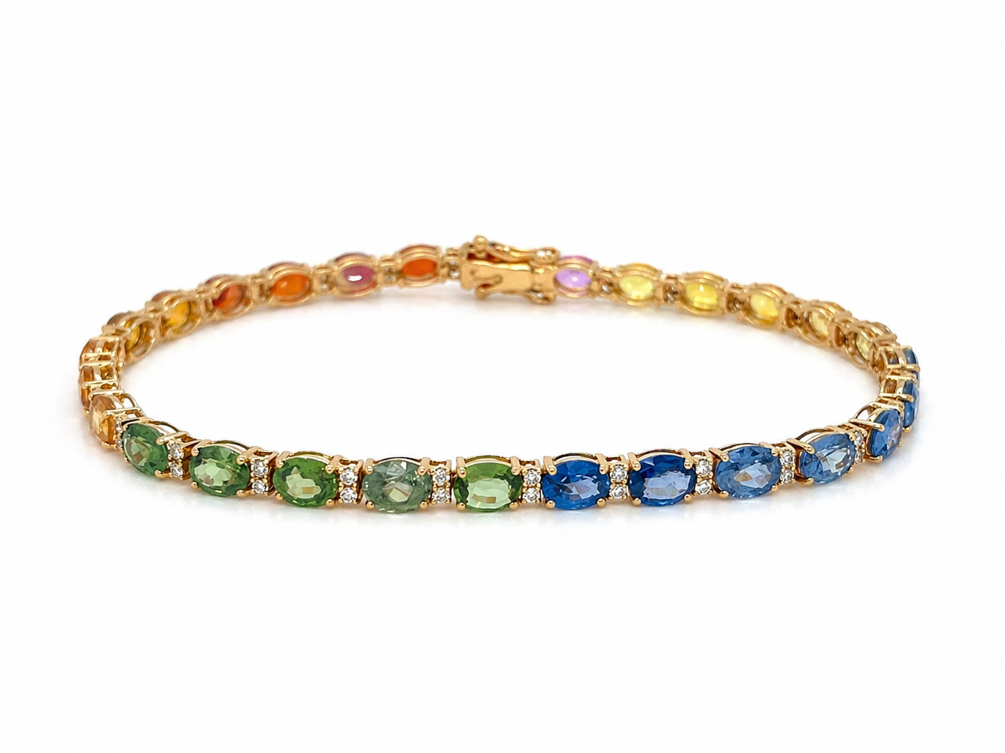 12.05 cttw Multicolor Natural Rainbow Sapphire Oval Cut Diamond Bracelet 18KY