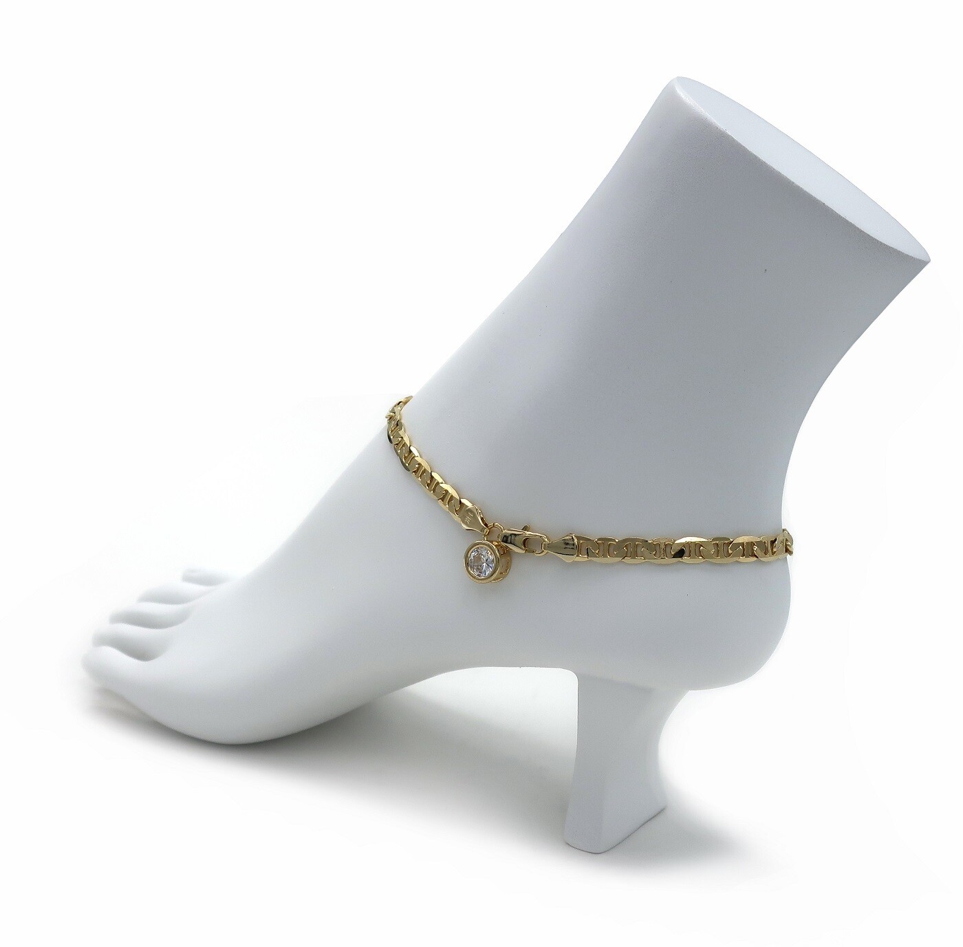 5mm ITALIAN MARINER LINK CHAIN ANKLET CZ STONE ANKLE BRACELET 14K GOLD PLATED