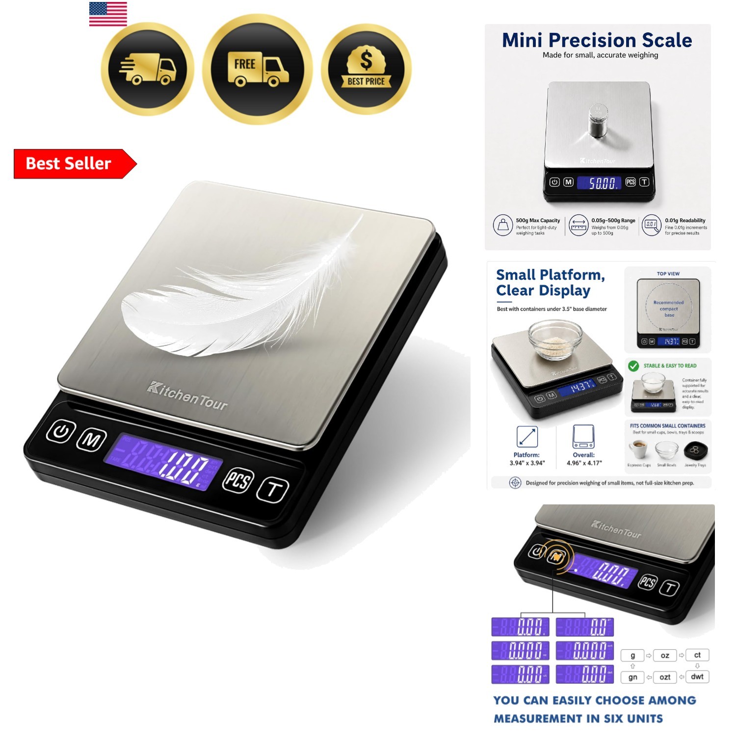 KitchenTour Mini Gram Scale for Coffee, Jewelry and Small Items, 500g x 0.01g…