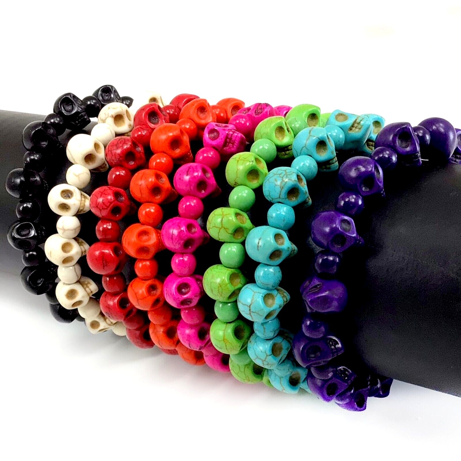 Skull Bracelet Halloween Handmade Howlite Turquoise Bead 7.5″ Stretch Skeleton