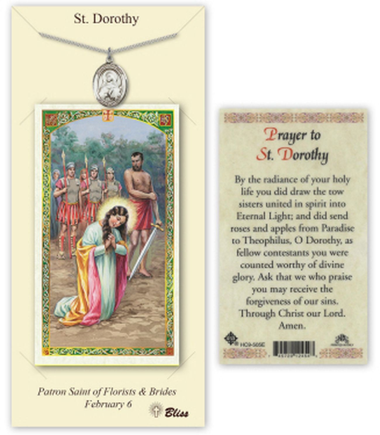 Medium Pewter Saint Dorothy Pendant Necklace 18″ Inch Chain & Prayer Card