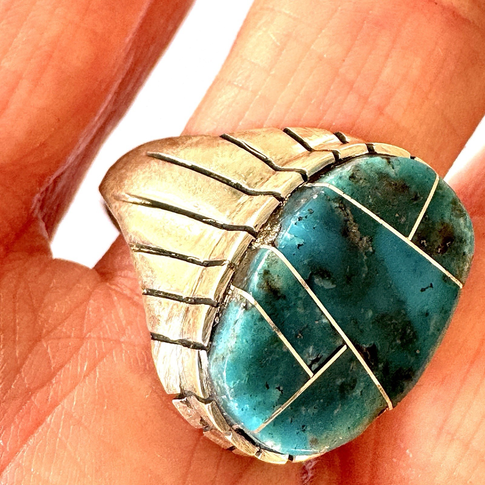 Turquoise Inlay Mens Ring Sz 12 Oval Navajo Signed T Jack Sterling Mosaic 20mm