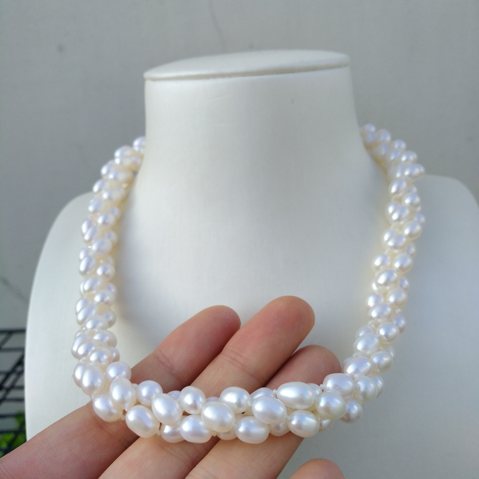 Fine 3 Rows Twist AAA+ Natural Akoya White Oval Pearl Necklace 17in 14k Gold P